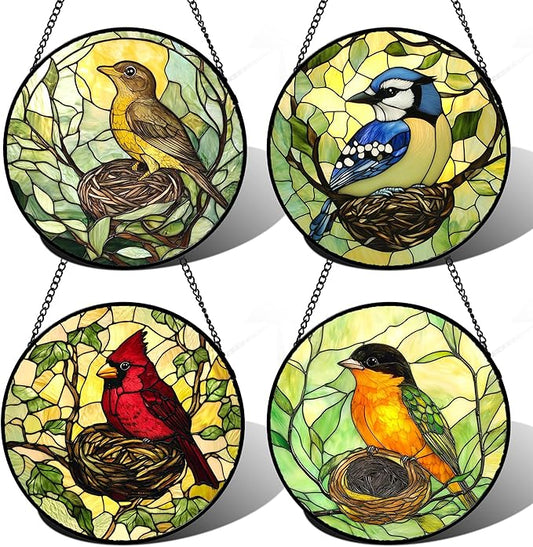 DASTOLL Stained Glass Window Hanging 4 Pcs Set Bird Theme On Branch Large 11.8" - Cardinal Suncatcher Door Garden Sun Catcher Decor Birthday Christmas for Mom Woman Nana Men