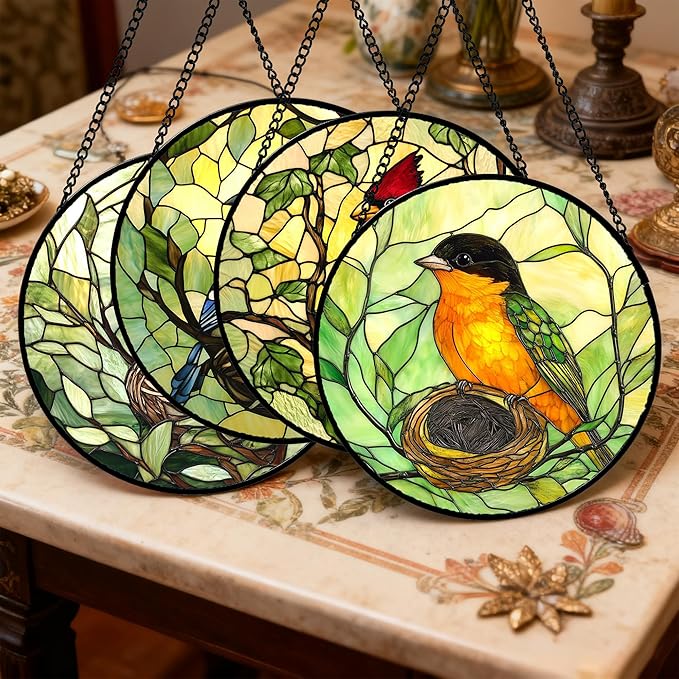 DASTOLL Stained Glass Window Hanging 4 Pcs Set Bird Theme On Branch 9.8" - Cardinal Suncatcher Door Garden Sun Catcher Decor Birthday Christmas for Mom Woman Nana Men