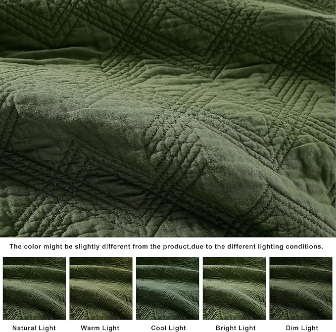 WDCOZY 100% Cotton Oversized King Quilt Set - Olive Green California Cal King Size Soft Lightweight Modern Bedspread, Farmhouse Country Rustic Coverlet, Textured Like Linen, Shabby Chic Bedding