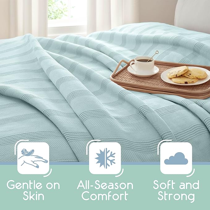 100% Cotton Twin Size Blanket | Super Soft Breathable Lightweight Throw | All-Season Knit Blanket | Luxury Hotel Style | Easy Care | Oeko-Tex Certified | Light Blue