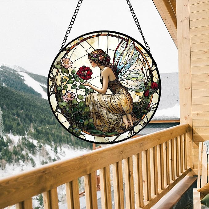 Stained Glass Window Hanging - Butterfly Flower Fairy Suncatcher for Door Terrace Garden Home Decor Yellow Green Plants Sun Catcher Birthday Gifts for Lovers Women Men Dad Mom Nana 7.8 in