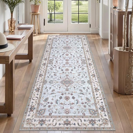Tangsoo 2x6 Washable Runner Rug for Hallways,Vintage Boho Light Blue Non Slip Rug Runner, Soft Low Pile Floral Entryway Floor Carpet for Kitchen Bedside Bathroom Kid & Pets Friendly Home Decor