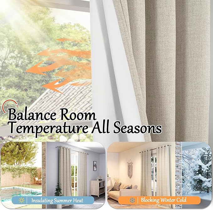 Lajode Beige 100% Blackout Curtains for Living Room 95 Inch Length 2 Panels Set, Thermal Insulated Light Blocking Faux Linen Curtains for Bedroom, Bronze Grommet Boho Window Drape Each 52" Wide