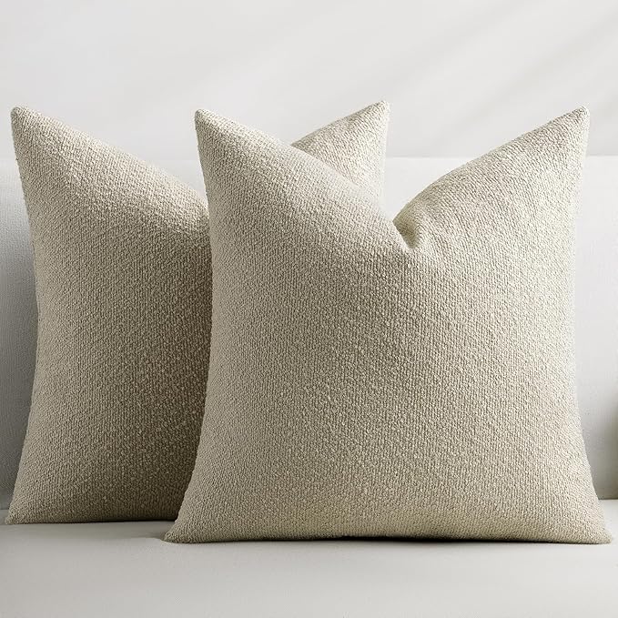 Throw Pillow Covers 18 x 18 Inch Set of 2, Beige Decorative Accent Solid Boucle Textured Pillow Cover, Cozy Neutral Cushion Pillow Cases for Living Room, Sofa, Chair, Bedroom, Home Decor