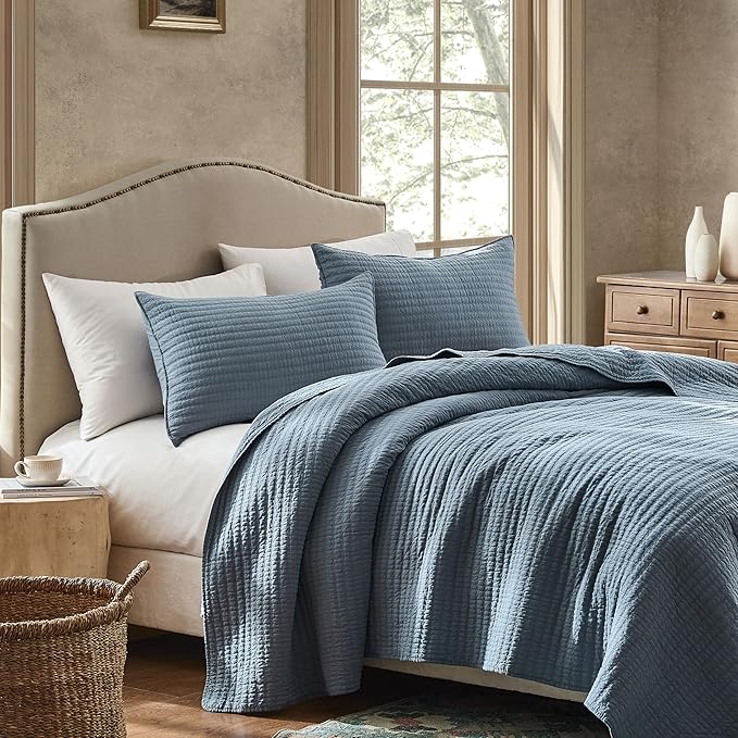 WDCOZY 100% Cotton Queen Size Quilt Set - Blue Striped Pick Stitch Soft Lightweight Bedspread, Textured Like Linen, Farmhouse Country Rustic Coverlet, Shabby Chic Gauze Bedding, 3 Pieces