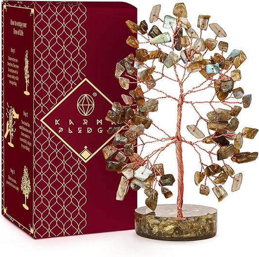 Crystal Tree for Home and Office Decor, Labradorite Chakra Healing Stones Handmade Feng Shui Bonsai Tree of Life for Positive Energy, Money, Good Luck, Christmas Decor, Birthday Gifts for Women, Mom