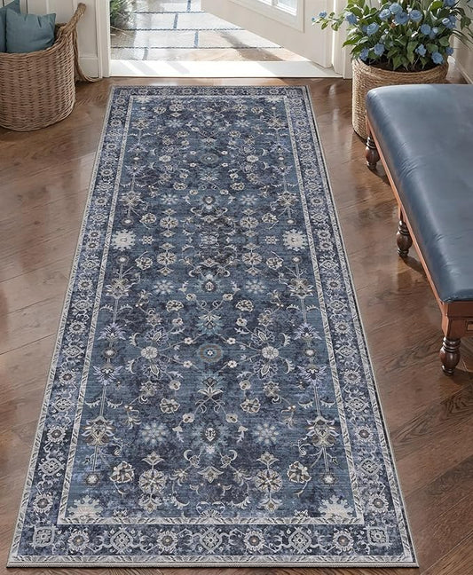 Tangsoo Washable Runner Rug for Hallway Non Slip, 2x5 Boho Floral Vintage Carpet Runner Rugs for Entryway, Floor Soft Low Pile Runners for Kitchen Bathroom Laundry Bedroom Alfombra Blue Farmhouse