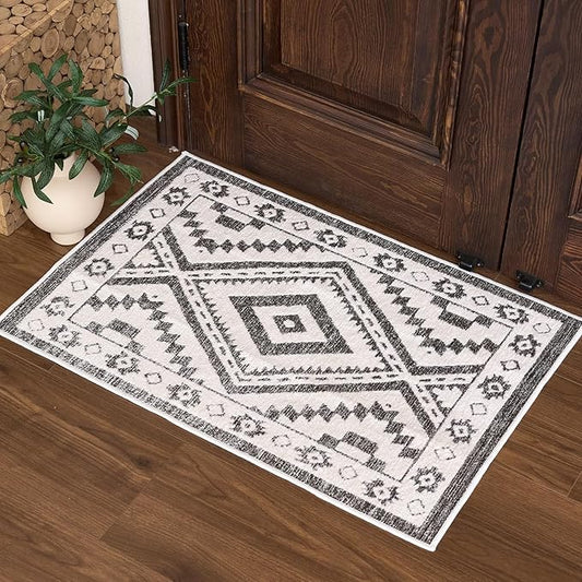 Moroccan Washable Entryway Rug 2x3, Geometric Decorative Woven Area Rug, Non-Slip Boho Accent Soft Low-Pile Indoor Door Mat, Small Throw Rug for Bathroom Front Porch, Dark Brown/White