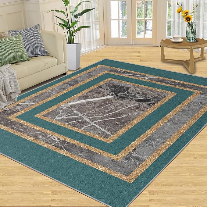 Emerald Green Marble Rug Luxury Teal Marble Area Rug Gilded Geometric Carpet Vintage Stone Crack Carpet for Bedroom Bedside Living Room 3x5ft