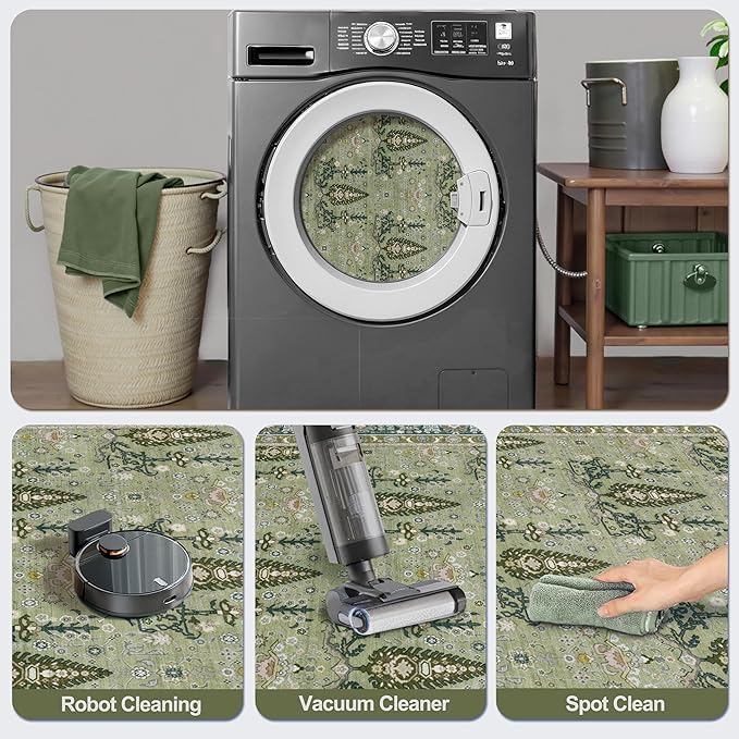 Tangsoo 2x6 Washable Runner Rug for Hallways, Non Slip Vintage Boho Green Floral Rug for Entryway Kitchen Laundry, Non Slip Soft Low Pile Indoor Rug for Bedroom Bathroom Beside