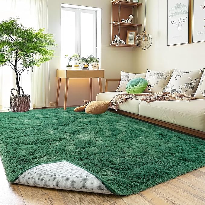 Large 9x12 Area Rugs for Living Room, Ultra Soft Shag Living Room Rug Thick Fluffy Rug for Bedroom, Plush Fuzzy Carpet for Girls Boys Kids Room Non Slip Dorm for Home Decor Aesthetic, Dark Green