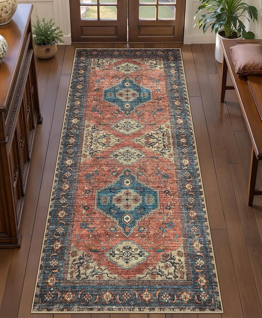 Tangsoo 2x5 Washable Runner Rug for Hallways, Non Slip Vintage Runner Rug, Soft Low Pile Long Rug Runner, Print Distressed Carpet Runners for Kitchen Bedroom Entryway Bathroom Living Room Terracotta