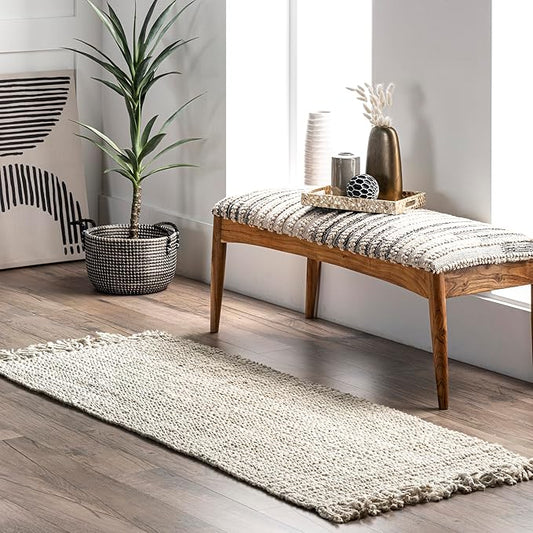 Nuloom Daniela Off-White, 2'6" x 14', Handmade, Jute, Tassel, Soft and Textured, High Traffic, Stain Resistant, Easy Clean, Durable Runner for Bedroom, Living Room, Dining Space, Foyer, Entryway