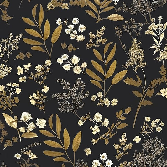 Black Gold Wallpaper Peel and Stick Dark Floral Wallpaper 17.5in x 118in Vintage Leaf Contact Paper Vinyl Waterproof Self Adhesive Boho Botanical Wall Paper for Bedroom Cabinet Décor