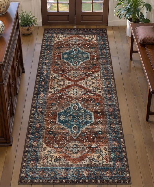 Tangsoo 2x5 Washable Runner Rug for Hallways, Non Slip Vintage Runner Rug, Soft Low Pile Long Rug Runner, Print Distressed Carpet Runners for Kitchen Bedroom Entryway Bathroom Living Room Rust