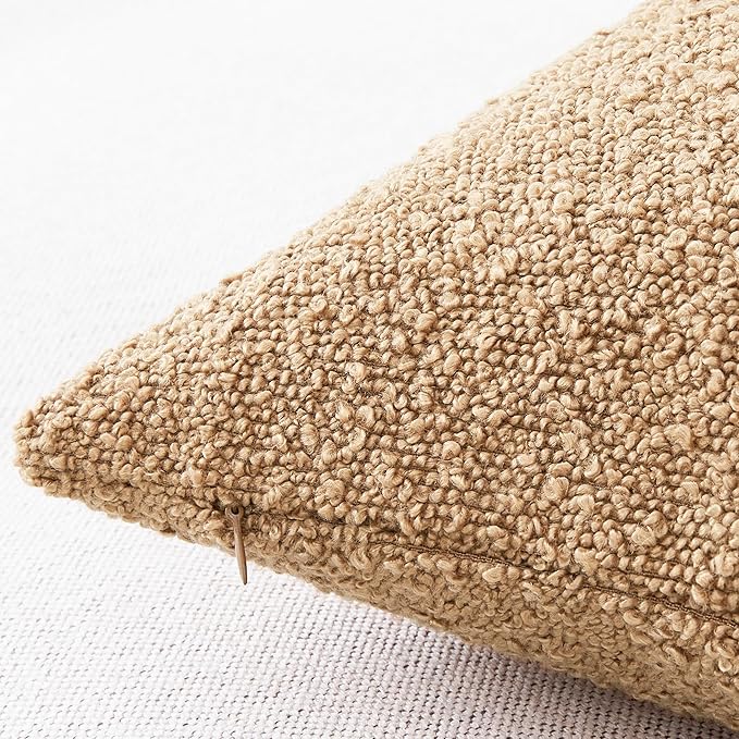 Mixhug Decorative Boucle Throw Pillow Covers, Camel, 18 x 18 Inches, Pack of 2 - Textured Boho Pillow Covers for Couch and Bed