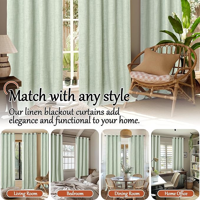 Lajode Sage Green Blackout Curtains for Bedroom - Linen Curtains 90 Inch Length Thermal Insulated Privacy Burlap Boho Window Drapes for Living Room Scandi Farmhouse Dining, 2 Panels, Each 52" Wide