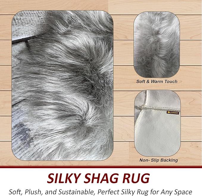 LAMBZY Faux Sheepskin Super Soft Hypoallergenic Silky Shag Rug for Living Room, Kids Room, Sofa (Sexto 6 Pelts 6'x6', Grey)