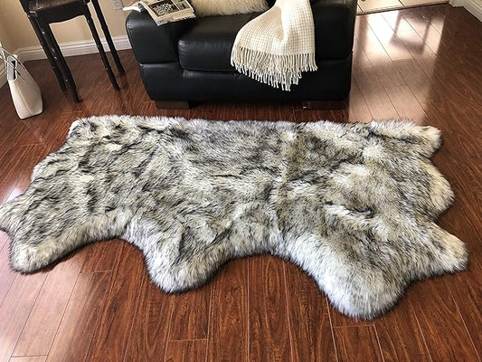 Free Shape Luxury Soft Fluffy Shag Area Rug Triple Side by Side 3'x6', 90x180cm - Vegan Fur Ultra Soft Indoor Carpet Nursery Rugs for Bedroom Home Decor, White with Black Tips