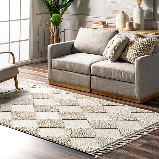 Nuloom Marissa Beige/Ivory, 2'8" x 8', Diamond, Tassel, Soft and Cozy, High Traffic, Stain Resistant, Easy Clean, Durable Runner for Bedroom, Living Room, Dining Space, Den, Foyer, Entryway