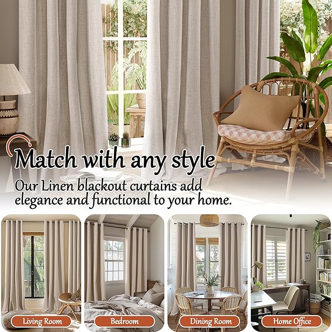 Lajode Beige 100% Blackout Curtains for Living Room 95 Inch Length 2 Panels Set, Thermal Insulated Light Blocking Faux Linen Curtains for Bedroom, Bronze Grommet Boho Window Drape Each 52" Wide