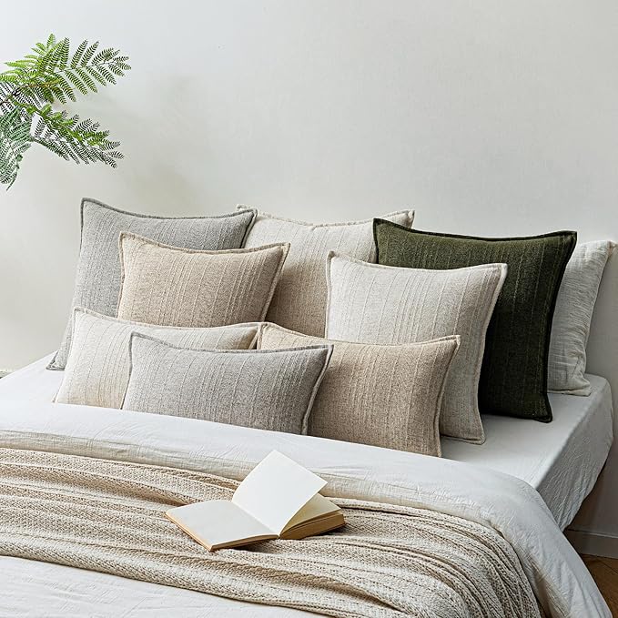 a moment Linen Pillow Covers Set of 2,Boho Farmhouse Throw Pillowcases Neutral Textured Decorative Covers for Couch Sofa,Soft Linen Blend Accent Case Cushion Living Room Home Decor 22"x22"Ivory
