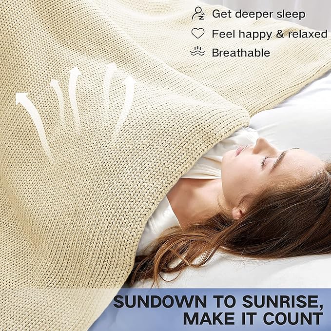 Guohaoi Knitted Weighted Blanket Kids (Cream 50"x60" 10lbs) No Beads Cooling Heavy Blanket, Home Decor Breathable Chunky Knit Throw Blanket for All-Season Use
