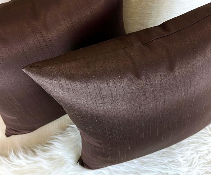 Aiking Home Collection 26x26 Inches Faux Silk Square European Shams, Zipper Closure, Brown (Set of 2)