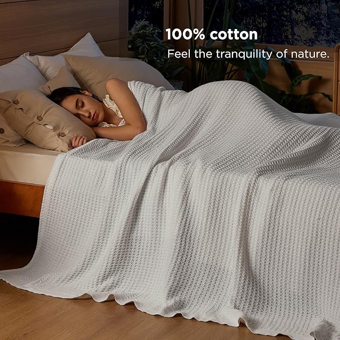 Bedsure Gentlesoft 100% Cotton Blanket Queen Size for Bed - Breathable and Soft, Thick Cozy Waffle Weave Christmas Blanket Gift for Women, White, 90x90 Inches