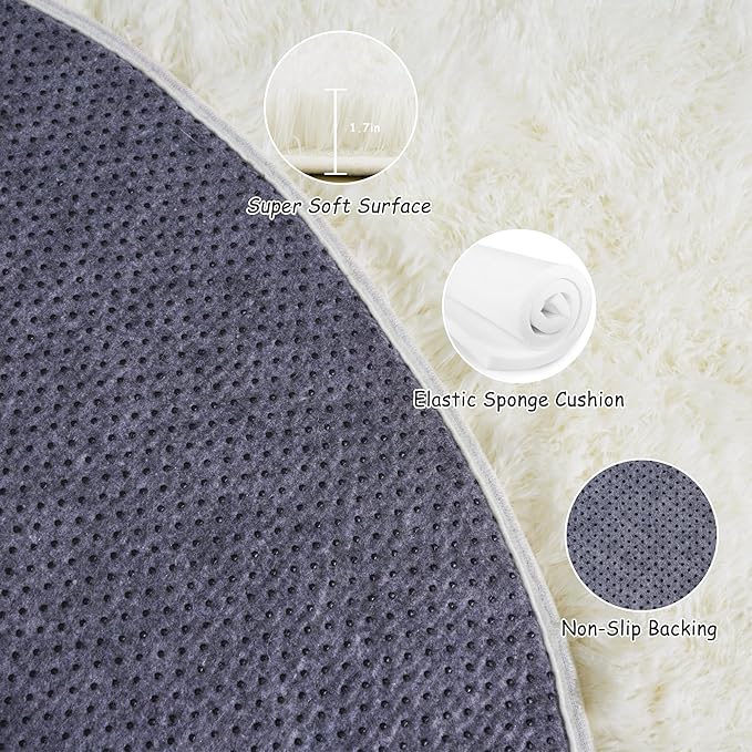 Round Fluffy Rugs 8Ft for Girls Bedroom, Cream White Shag Circle Kids Rug Non-Slip for Bedside Dorm Nursery Playroom, Soft Cute Area Rugs for Living Room Decor