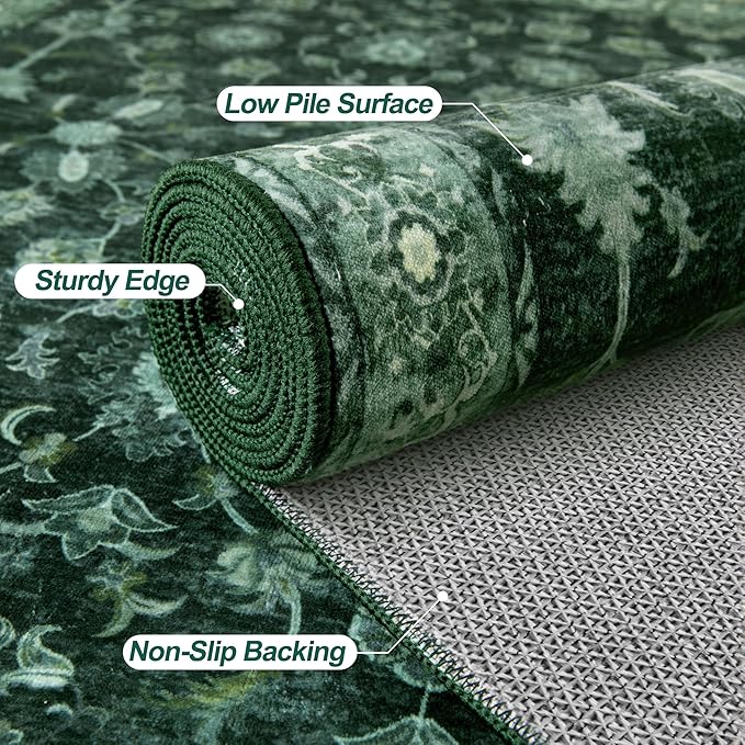 Tangsoo 4x6 Washable Area Rugs Non Slip, Boho Distressed Vintage Green Floral Throw Rug for Bedroom Nursery, Low Pile Floor Carpet Indoor Mat for Entrance Kitchen Office Nature Forest Farmhouse Decor