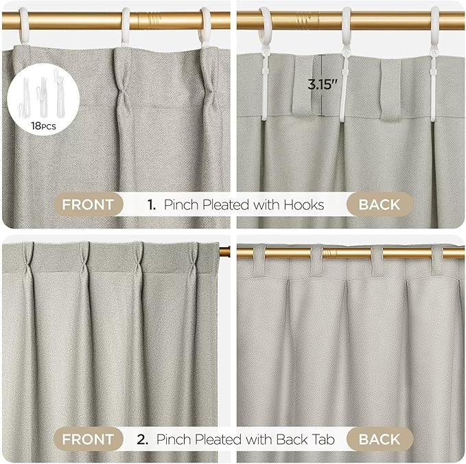 Joydeco Greyish White Pinch Pleated Thick Linen Curtains 96 Inch Long 2 Panel Set for Living Room, Double-Faced Curtain for Bedroom, Back Tab Blackout Drapes with Adjustable Hooks (40”W x96”L)