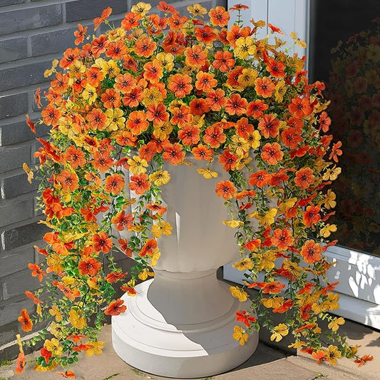 Fake Mums Artificial Hanging Flowers for Outdoor Fall Decoration, 2 PCS Silk Daisy Flower Realistic Faux Plants UV Resistant for Porch Patio Window Yard Outside Autumn Decor(Yellow Orange)