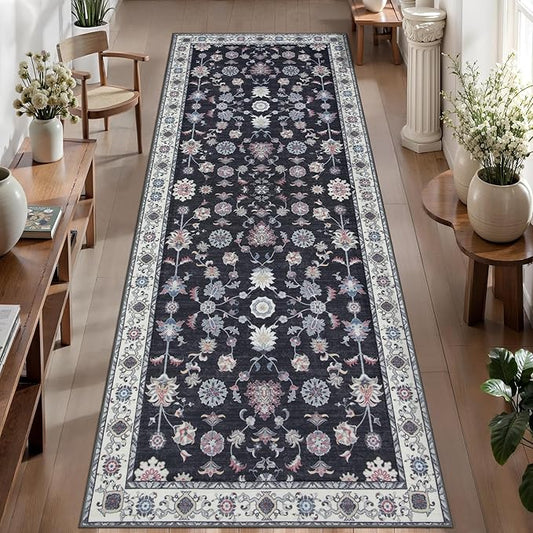Tangsoo Washable Runner Rug for Hallway Non Slip, 2.6x8 Boho Floral Vintage Carpet Runner Rugs for Entryway, Floor Low Pile Runners for Kitchen Bathroom Laundry Bedroom Alfombra Black Red Farmhouse