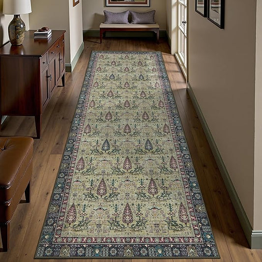 Tangsoo 2x6 Washable Runner Rug for Hallways, Non Slip Vintage Boho Purple Floral Rug for Entryway Kitchen Laundry, Non Slip Soft Low Pile Indoor Rug for Bedroom Bathroom Beside