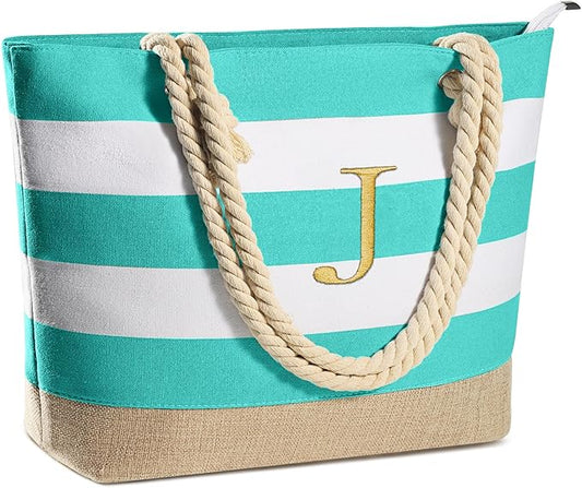 YOOLIFE Initial Canvas Waterproof Beach Tote Bag Zipper Personalized Gifts for Women Her Birthday Travel Beach Essential
