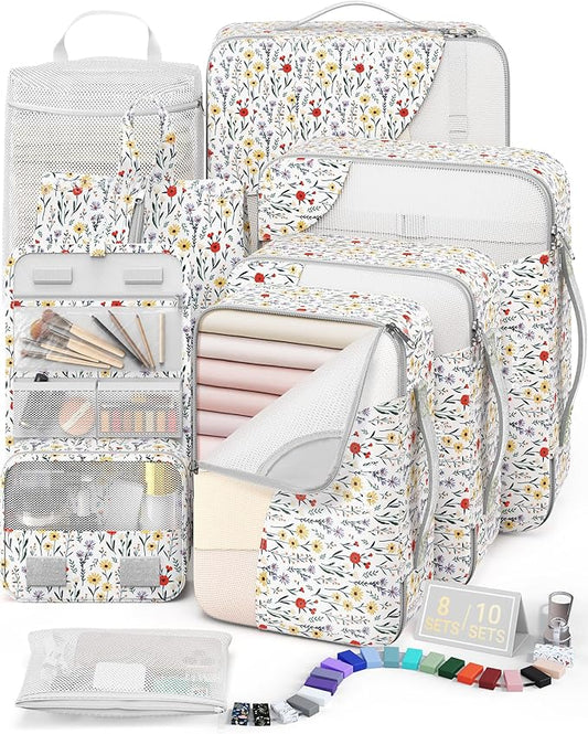 8 Set Packing Cubes for Travel, Anti-Tearing Suitcase Organizer for Luggage with Shoe & Hanging Toiletry Bag,Gifts for Women Mom,OlarHike Vacation Essentials & Accessories for Cruise Ship,Floras