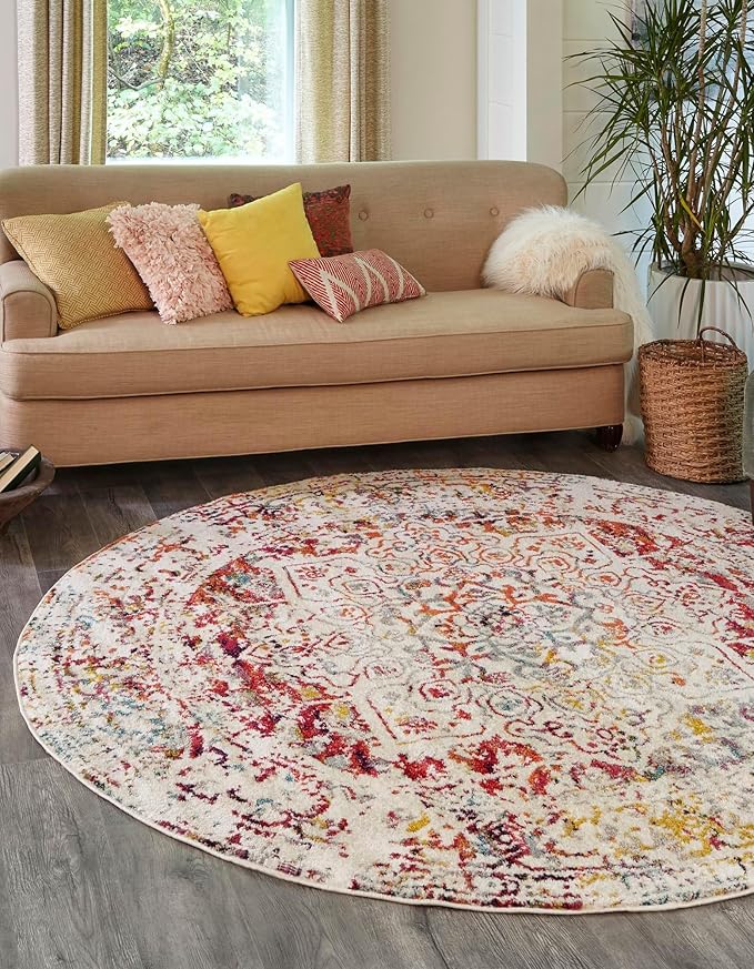 Rugs.com Arlington Collection Rug – 7 Ft Round Light Multi Medium-Pile Rug Perfect for Kitchens, Dining Rooms