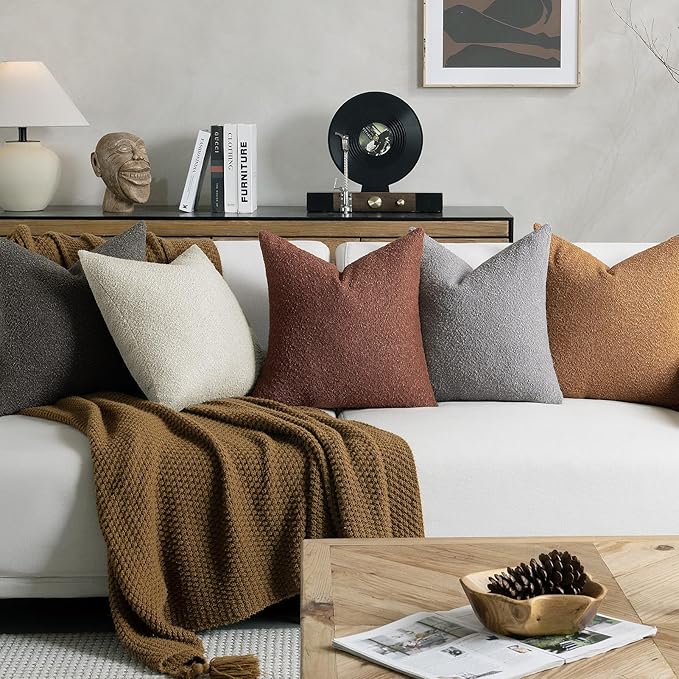 Fall Decorative Throw Pillow Covers 24 x 24 Inch, Set of 2, Thanksgiving Autumn Harvest Decor Boucle Cushion Pillow Cover for Couch Bedroom Sofa Living Room, Burnt Orange