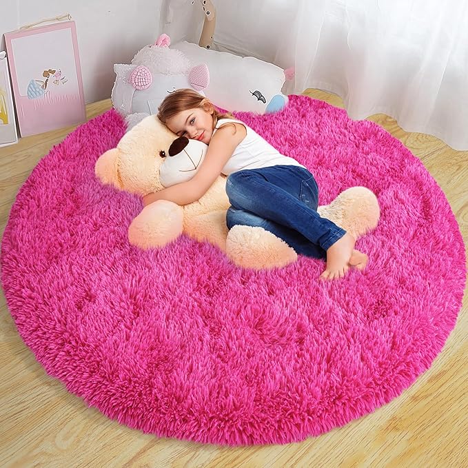 Round Fluffy Rugs 7Ft for Girls Bedroom, Hot Pink Shag Circle Kids Rug Non-Slip for Bedside Dorm Nursery Playroom, Soft Cute Area Rugs for Living Room Decor
