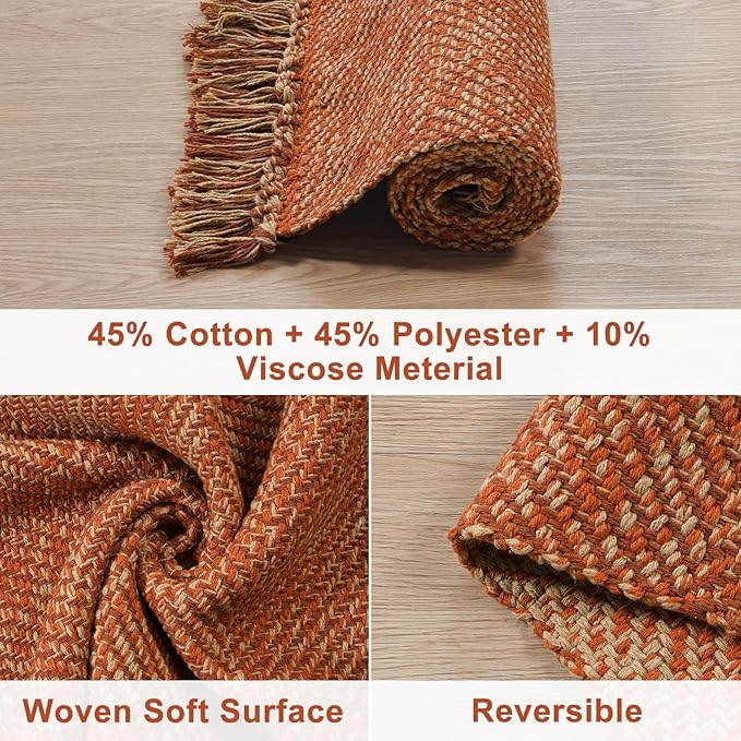 Collive Hallway Runner Rug, 2' x 6' Hand-Woven Reversible Washable Entryway Rugs, Terracotta Cotton Modern Farmhouse Laundry Room Carpet for Bathroom Sink Foyer Bedroom Fall Decor