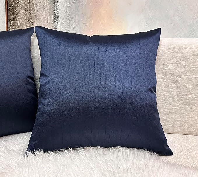 Aiking Home 18x18 Inches Faux Silk Square Throw Pillow Cover, Zipper Closure, Navy (Set of 2)