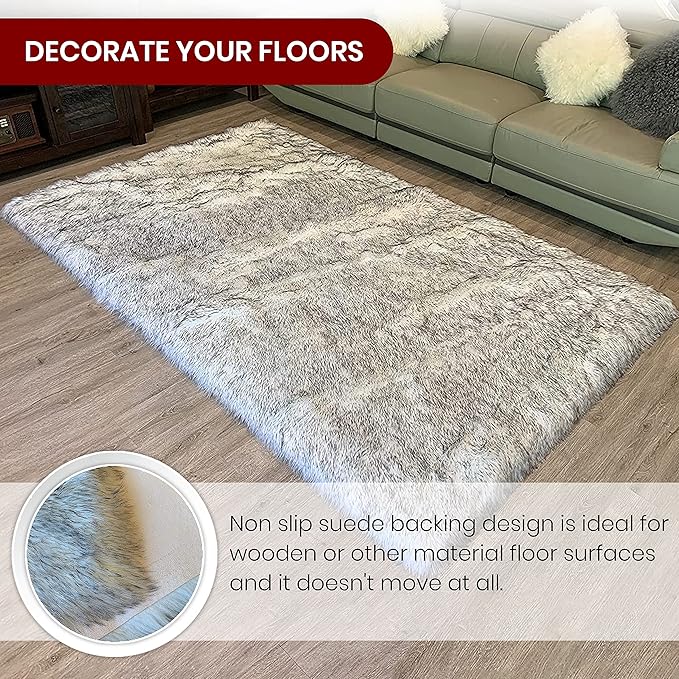LAMBZY High Pile Super Fluffy Soft Faux Sheepskin Rug | Faux Sheepskin Rugs for Living Room Playroom Bedroom | Classic Super Soft to Touch Rug (5'x8', White/Black Tips)