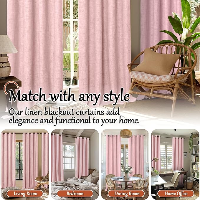 Lajode Baby Pink Linen Blackout Curtains 84 Inch Long for Living Room Narrow Window, 38 Inch Wide Thermal Insulated Light Blocking Small Curtains for Girls Bedroom Kids Nursery, 38x84 Inch 2 Panels