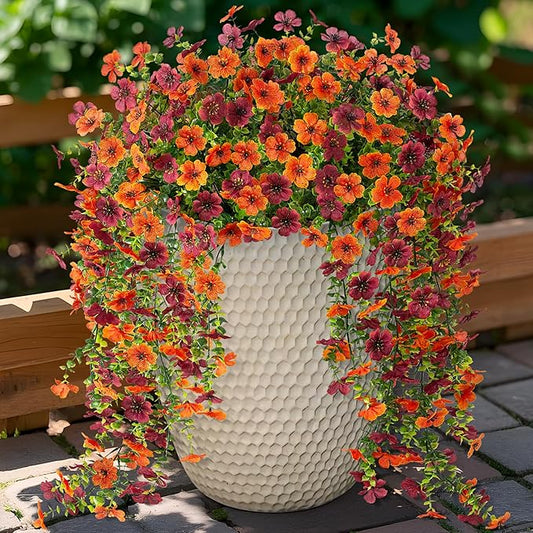 Fake Mums Artificial Hanging Flowers for Outdoor Fall Decoration, 2 PCS Silk Daisy Flower Realistic Faux Plants UV Resistant for Porch Patio Window Yard Outside Autumn Decor(Orange Brown)