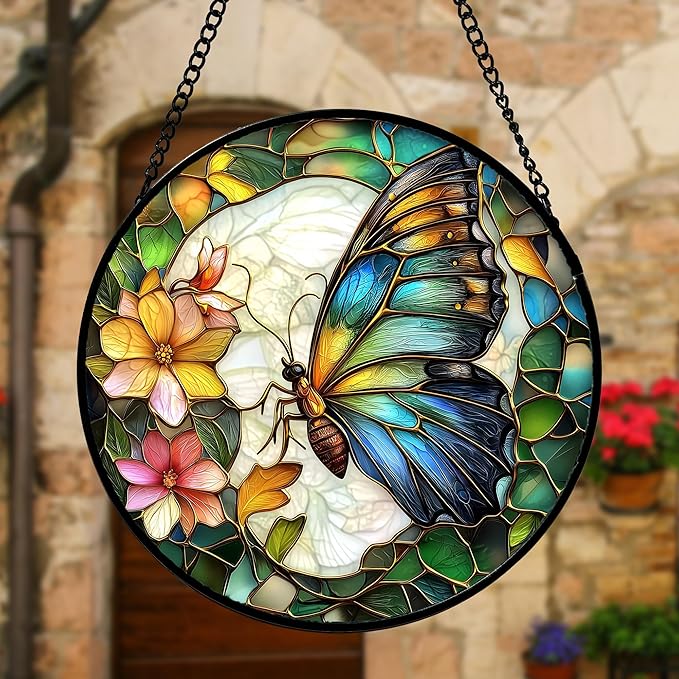 DASTOLL Stained Glass Window Hanging, Butterfly Flower Sun Catchers Diamond Glass Panel Hangings Insect Suncatcher Decor for Birthday for Women, Men, Wife, Aunt, and Mom 9.8 in
