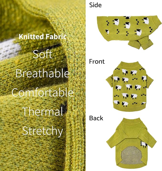 Fitwarm Funny Sheep Dog Sweater, Thermal Winter Clothes for Small Dogs, Boy, Girl - Dog Holiday Pullover Jumper, Pet Outfit - Black, Green, White, S