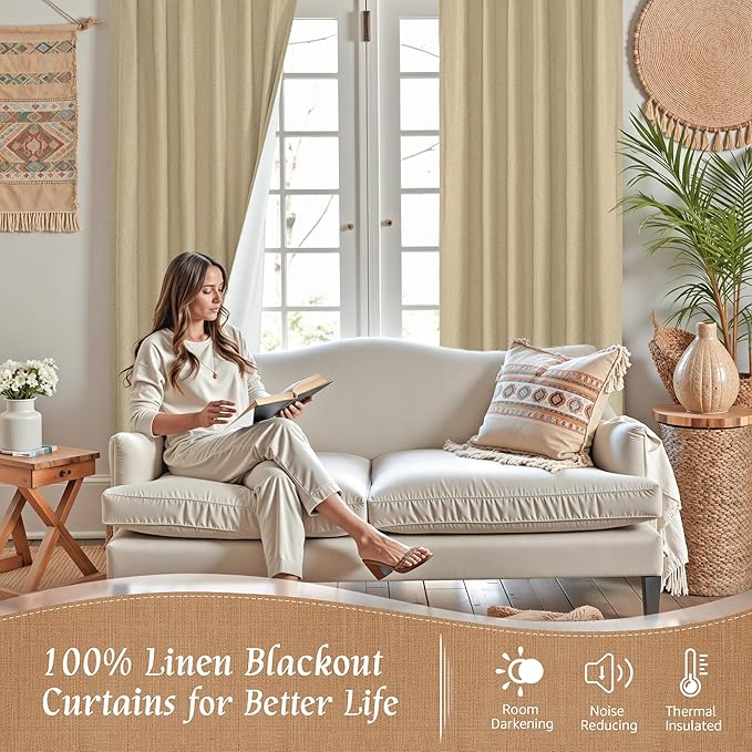 LAMIT Natural 100% Blackout Linen Curtains, 63 Inches Linen Textured Thermal Bedroom Curtains Back Tab and Rod Pocket Burlap Panels with White Liner for Farmhouse, 2 Panels, 52 x 63 Inch, Burlap