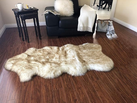 Free Shape Luxury Soft Fluffy Shag Area Rug Single and a Half 2'x4', 60x120cm - Vegan Fur Ultra Soft Indoor Carpet Nursery Rugs for Bedroom Home Decor, White with Brown Tips