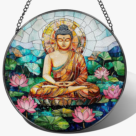 8-Inch Buddha Stained Glass Suncatcher & Ornament, Stained Glass Window Hanging, Sun Catcher Window Decor, Namaste Decor — Gifts for Buddhist & Yoga Lover, Gifts for Christmas, Birthday & Housewarming